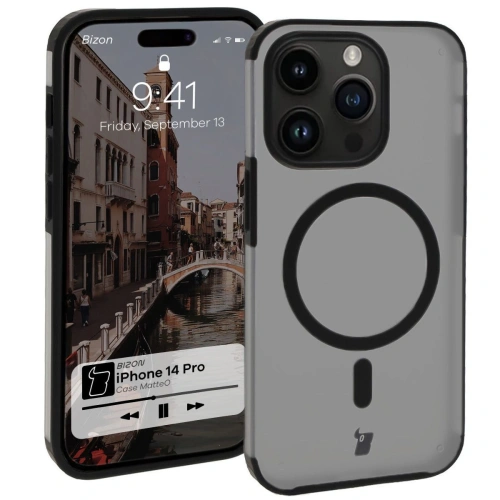 Etui z pierścieniem magnetycznym Bizon Case MatteO do Apple iPhone 14 Pro półprzezroczyste z czarną ramką