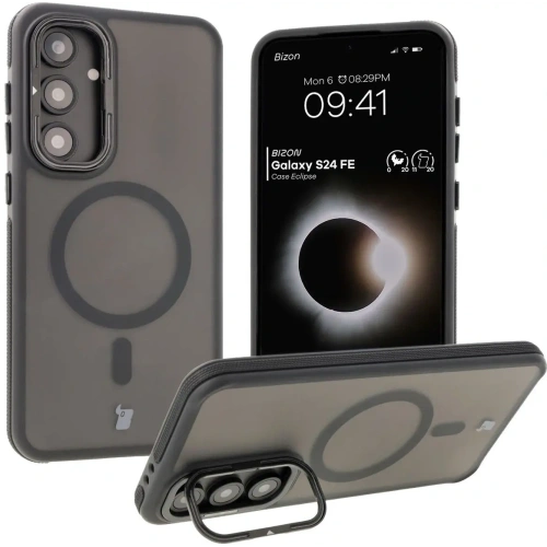 Etui z podstawką i pierścieniem magnetycznym Bizon Case Eclipse do Samsung Galaxy S24 FE przydymione z czarną ramką