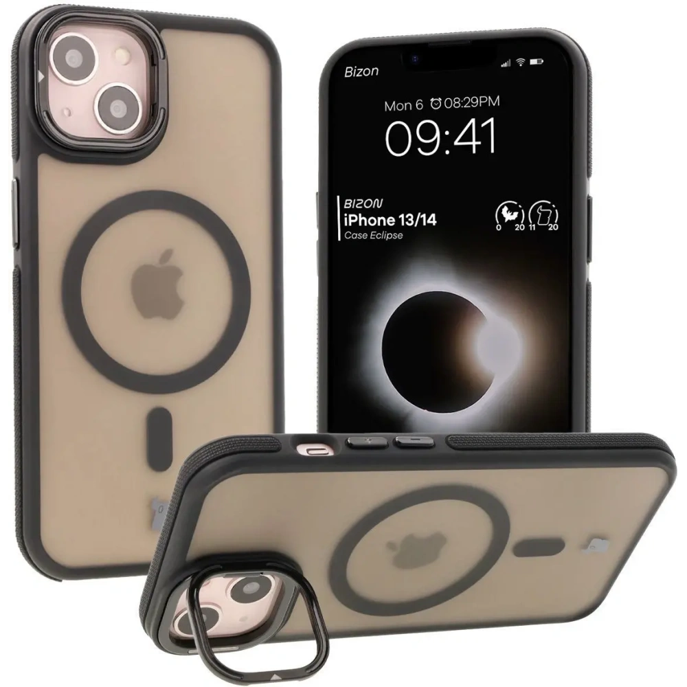 Hurtownia GSM - Etui s podstavcem a magnetickým kroužkem Bizon Case Eclipse pro Apple iPhone 14 / Apple iPhone 13 kouřové s černým rámem - BIZ7176 - {ean13} - Hurt
