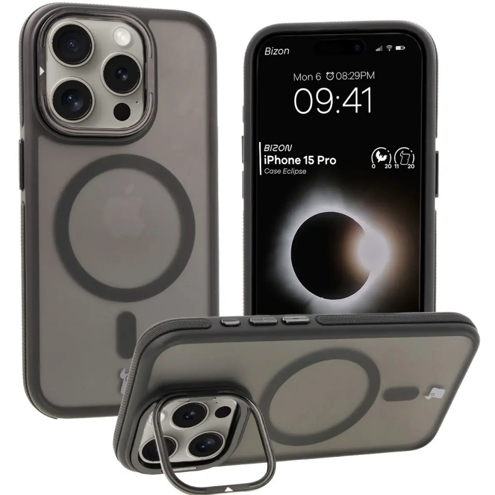 Hurtownia GSM - Etui z podstawką i pierścieniem magnetycznym Bizon Case Eclipse do Apple iPhone 15 Pro przydymione z czarną ramką - BIZ7177 - {ean13} - Hurt