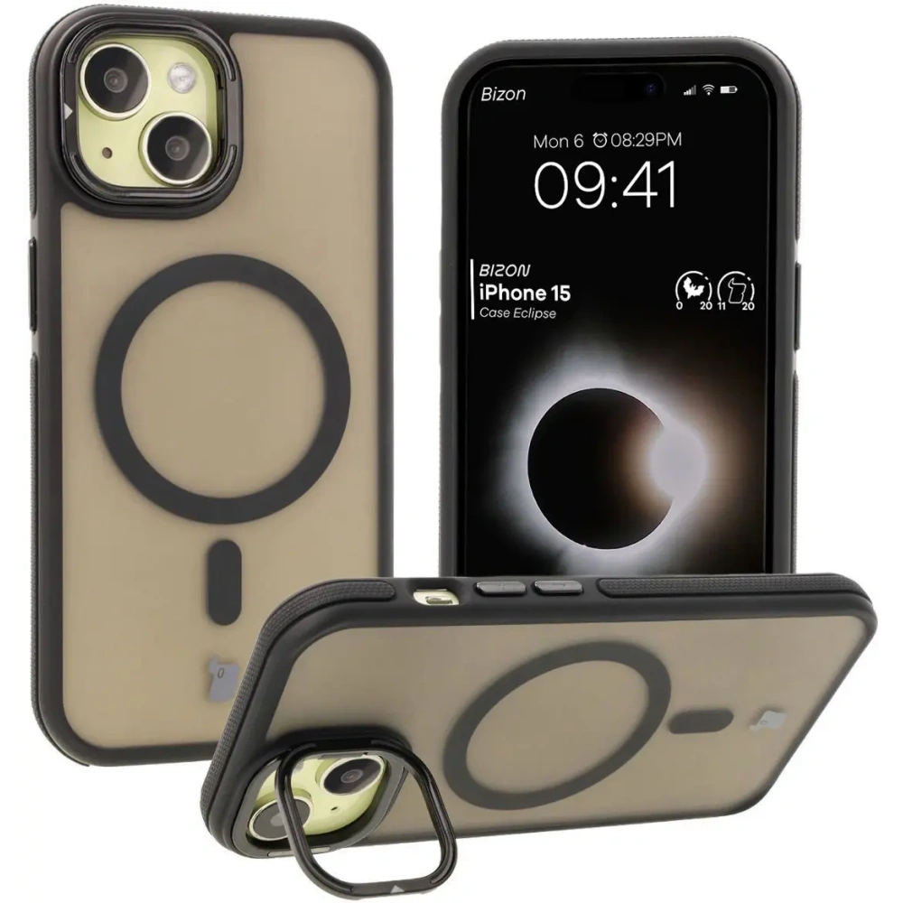 Hurtownia GSM - Etui z podstawką i pierścieniem magnetycznym Bizon Case Eclipse do Apple iPhone 15 przydymione z czarną ramką - BIZ7178 - {ean13} - Hurt