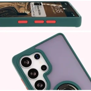 Etui z uchwytem na palec Bizon Case Hybrid Ring do Samsung Galaxy S25 Ultra przydymione z ciemnozieloną ramką