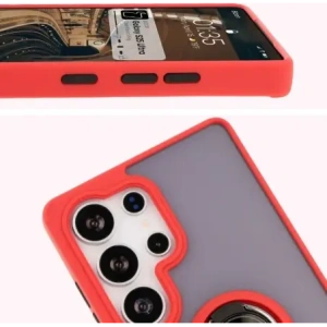 Etui z uchwytem na palec Bizon Case Hybrid Ring do Samsung Galaxy S25 Ultra przydymione z czerwoną ramką