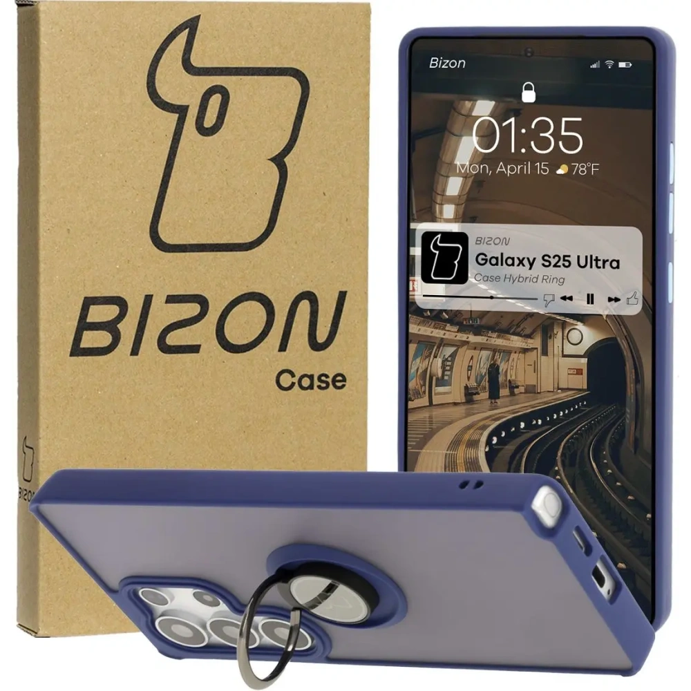 Hurtownia GSM - Etui s úchytem na prst Bizon Case Hybrid Ring pro Samsung Galaxy S25 Ultra kouřové s modrým rámečkem - BIZ7190 - {ean13} - Hurt