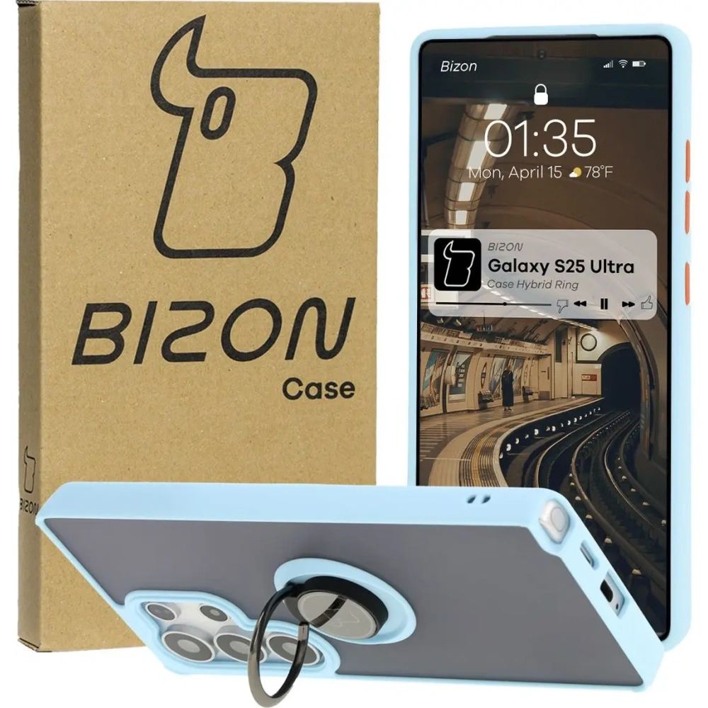 Hurtownia GSM - Etui s úchytem na prst Bizon Case Hybrid Ring pro Samsung Galaxy S25 Ultra kouřové s jasně modrým rámečkem - BIZ7191 - {ean13} - Hurt