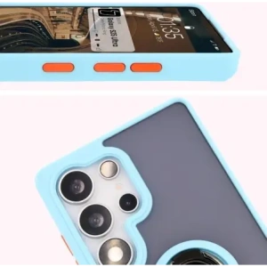 Etui z uchwytem na palec Bizon Case Hybrid Ring do Samsung Galaxy S25 Ultra przydymione z jasnoniebieską ramką
