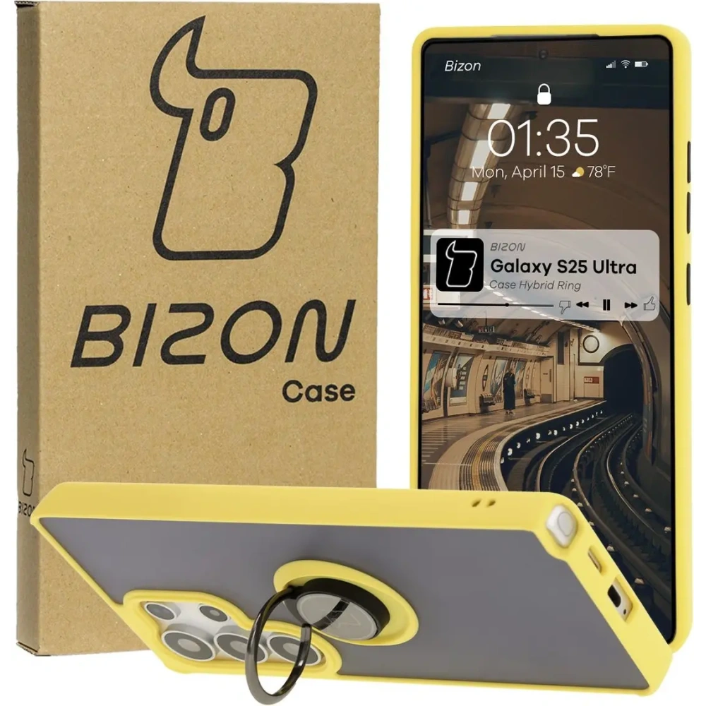 Hurtownia GSM - Etui z uchwytem na palec Bizon Case Hybrid Ring do Samsung Galaxy S25 Ultra przydymione z żółtą ramką - BIZ7192 - {ean13} - Hurt