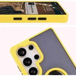 Etui z uchwytem na palec Bizon Case Hybrid Ring do Samsung Galaxy S25 Ultra przydymione z żółtą ramką