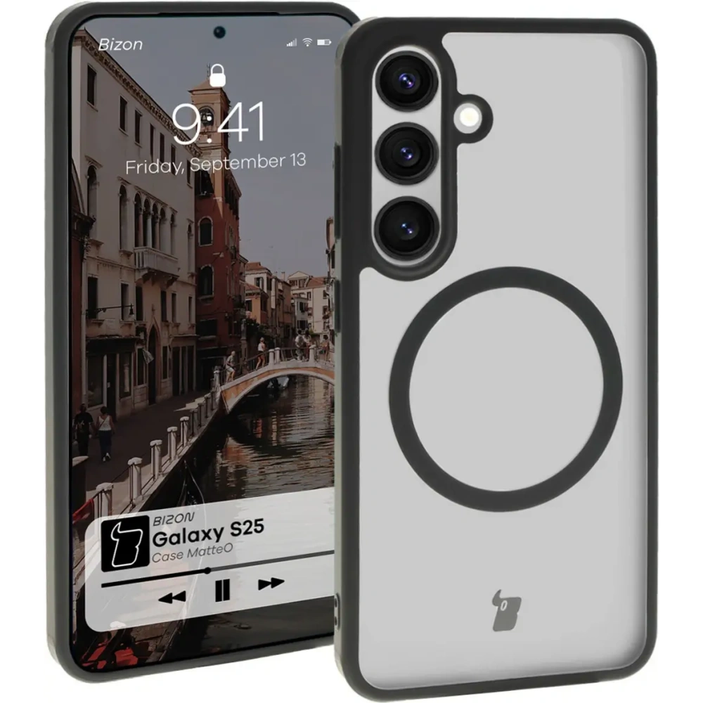 Hurtownia GSM - Etui z pierścieniem magnetycznym Bizon Case MatteO do Samsung Galaxy S25 półprzezroczyste z czarną ramką - BIZ7256 - {ean13} - Hurt