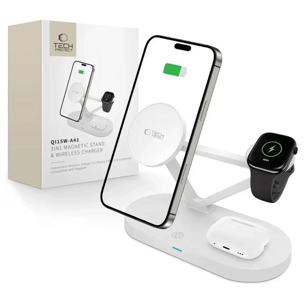 Hurtownia GSM - Tech-Protect QI15W-A41 3in1 Magnetic MagSafe Vezeték nélküli Töltő Fehér - THP3663 - {ean13} - Hurt