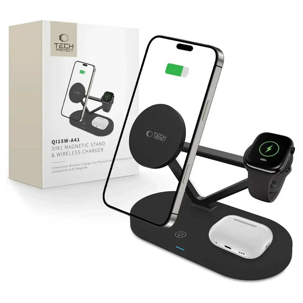 Hurtownia GSM - Tech-Protect QI15W-A41 3in1 Magnetic Încărcător Wireless MagSafe Negru - THP3664 - {ean13} - Hurt