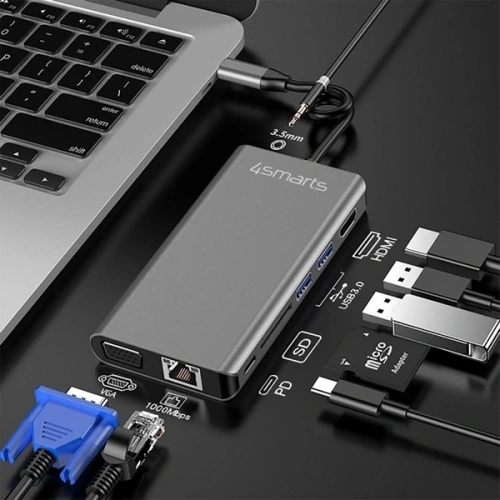 HUB 8w1 4smarts DeX Mode USB-C / 2xUSB-A 3.0, USB-C, HDMI 1.4, SD/TF, VGA, Ethernet RJ-45, 3.5mm szary