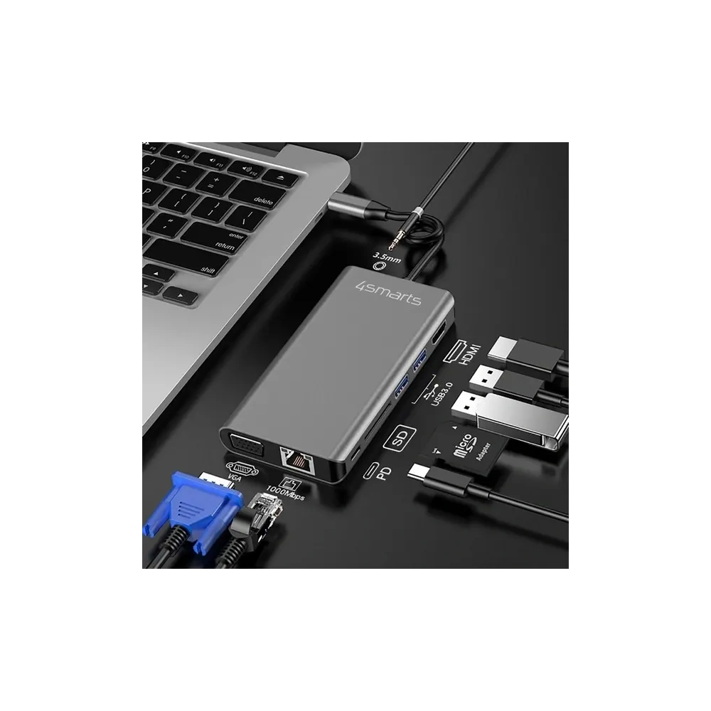 Hurtownia GSM - 4smarts HUB 8in1 Mod DeX USB-C / 2xUSB-A 3.0, USB-C, HDMI 1.4, SD/TF, VGA, Ethernet RJ-45, 3.5mm gri - 4SMR60 - {ean13} - Hurt