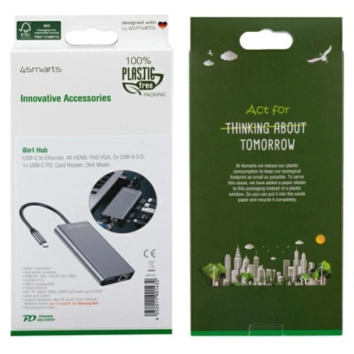 HUB 8w1 4smarts DeX Mode USB-C / 2xUSB-A 3.0, USB-C, HDMI 1.4, SD/TF, VGA, Ethernet RJ-45, 3.5mm szary