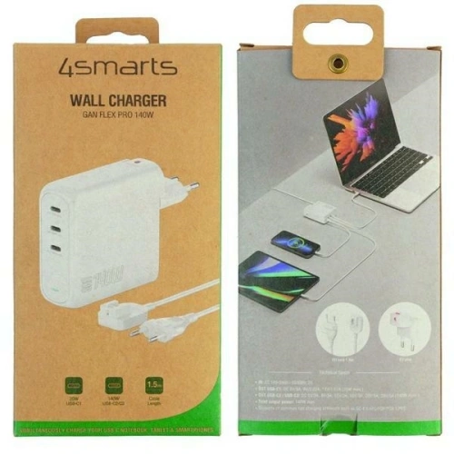 Ładowarka sieciowa 4smarts GaN Flex Pro 140W 3xUSB-C biały