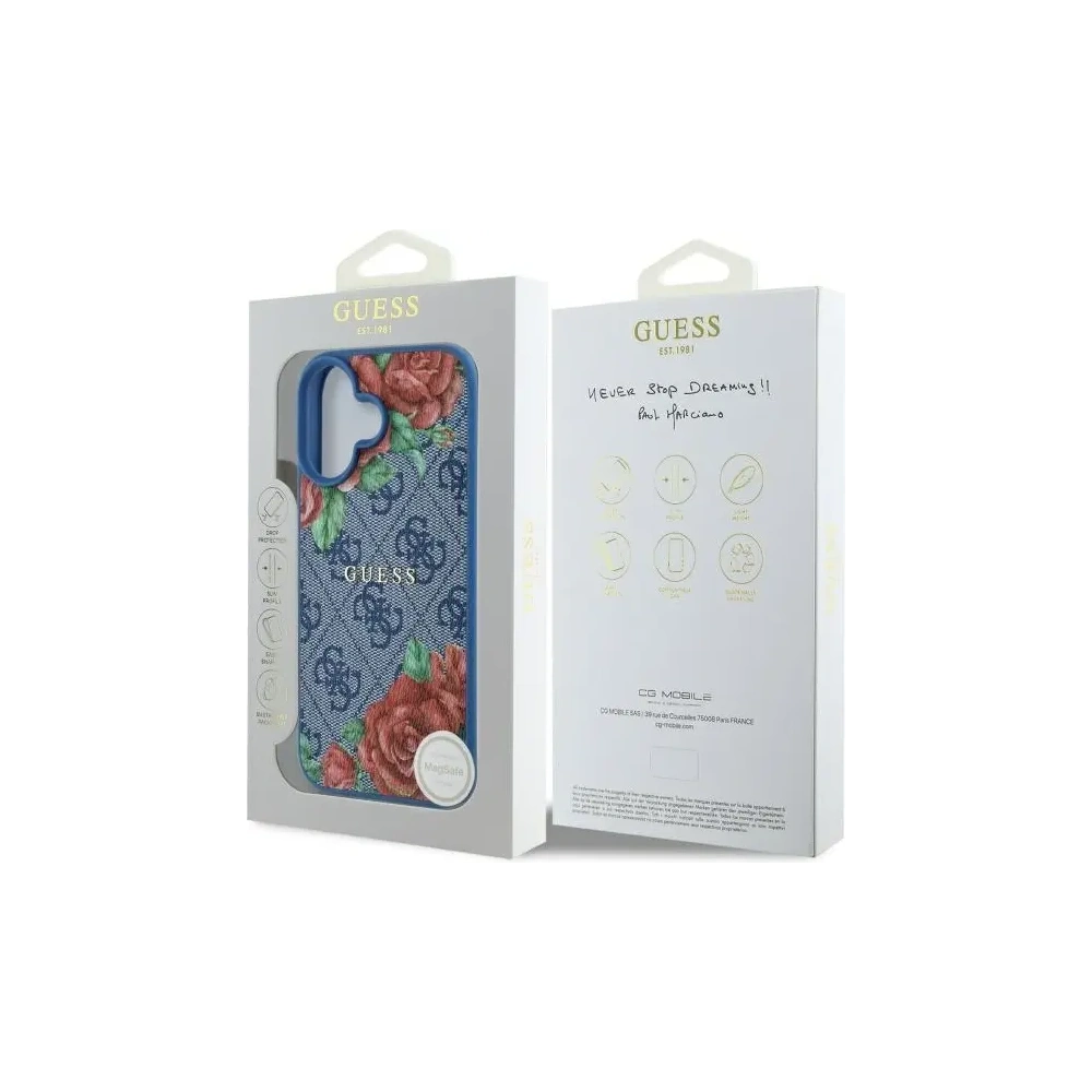 Hurtownia GSM - Guess GUHMP16SP4ROPEMCB Apple iPhone 16 husă dură 4G Imprimare flori MagSafe albastru - GUE4218 - {ean13} - Hurt