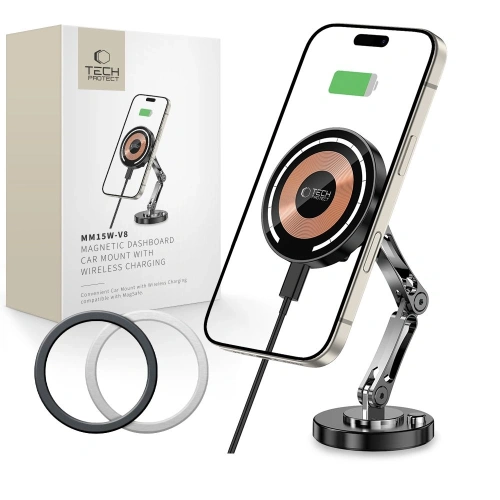 Uchwyt samochodowy na kokpit z ładowarką + blaszki Tech-Protect MM15W-V8 Magnetic MagSafe Dashboard Car Mount Wireless Charger 15W Black