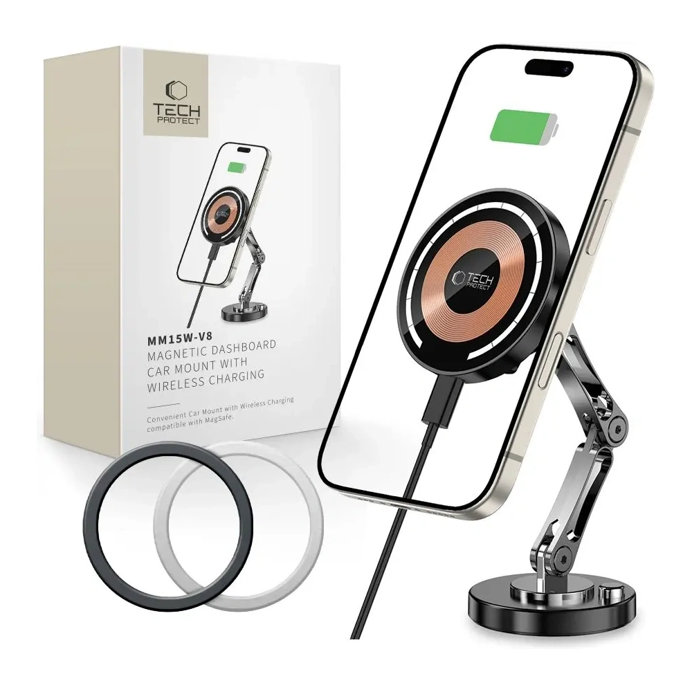 Hurtownia GSM - Upevnění do auta na kokpit s nabíječkou + plechové destičky Tech-Protect MM15W-V8 Magnetic MagSafe Dashboard Car Mount Wireless Charger 15W Černá - THP3682 - {ean13} - Hurt