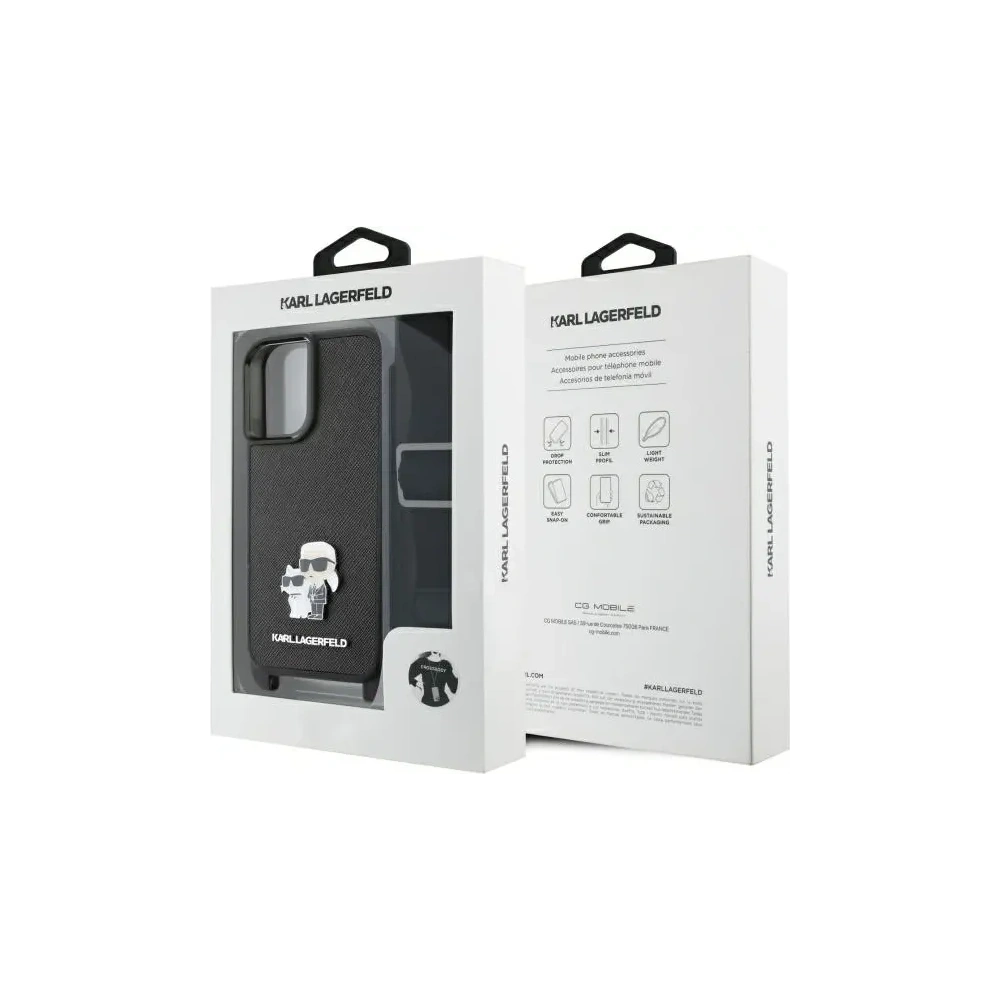Hurtownia GSM - Karl Lagerfeld KLHCP16SSAKCPBK Apple iPhone 16 kemény tok Saffiano Karl&Choupette fém tűzőgép CBDY pánt fekete - KLD21856 - {ean13} - Hurt