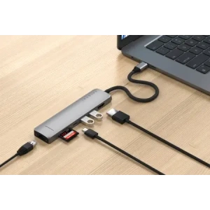Hurtownia GSM - Satechi adaptor HUB USB-C Slim Multiport 7-in-1 cu Ethernet USB-C / 2xUSB-A, USB-C PD, HDMI 4K, cititor de carduri, Ethernet gri spațial - STH170 - {ean13} - Hurt