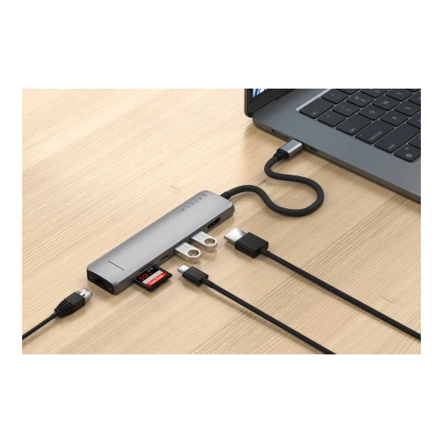 HUB Satechi 7-in-1 USB-C Slim Multiport Adapter with Ethernet USB-C / 2xUSB-A, USB-C PD, HDMI 4K, czytnik kart, Ethernet space grey