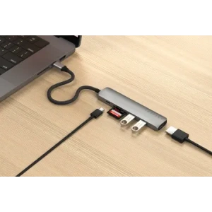 Hurtownia GSM - Satechi adaptor multiport USB-C Slim 6-in-1, USB-C / 2xUSB-A, USB-C, 4K HDMI, cititor de carduri, gri spațial - STH171 - {ean13} - Hurt