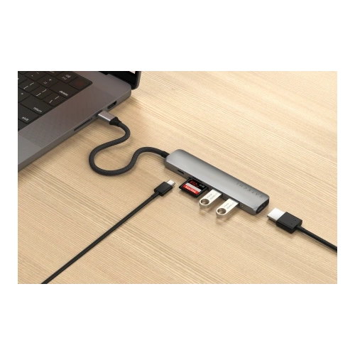 HUB Satechi 6-in-1 USB-C Slim Multiport Adapter USB-C / 2xUSB-A, USB-C, 4K HDMI, czytnik kart space grey