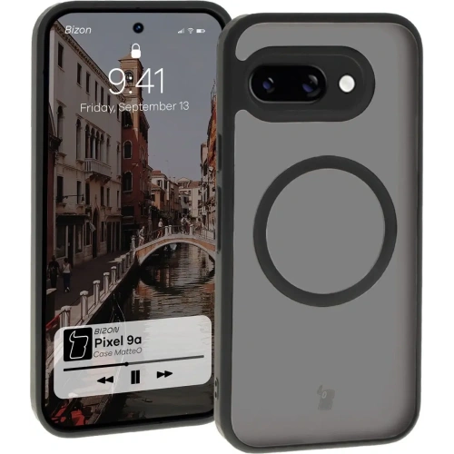 Etui z pierścieniem magnetycznym Bizon Case MatteO do Google Pixel 9a półprzezroczyste z czarną ramką