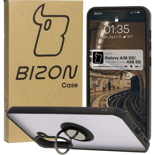Etui z uchwytem na palec Bizon Case Hybrid Ring do Samsung Galaxy A36 5G / A56 5G przydymione z czarną ramką