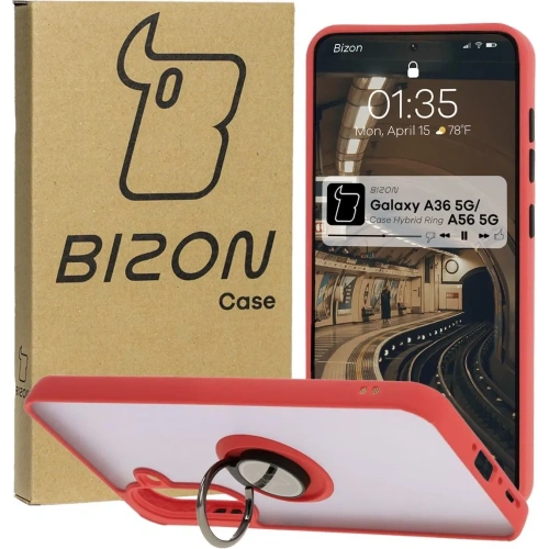 Etui z uchwytem na palec Bizon Case Hybrid Ring do Samsung Galaxy A36 5G / A56 5G przydymione z czerwoną ramką