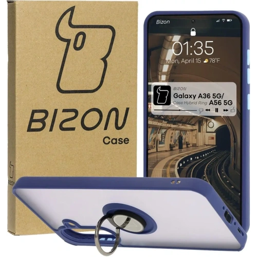 Etui z uchwytem na palec Bizon Case Hybrid Ring do Samsung Galaxy A36 5G / A56 5G przydymione z granatową ramką