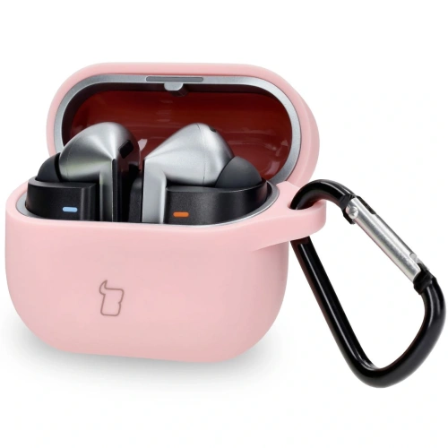 Silikonowe etui z karabińczykiem Bizon Case Headphone Silicone do Samsung Galaxy Buds 3 / 3 Pro jasnoróżowe