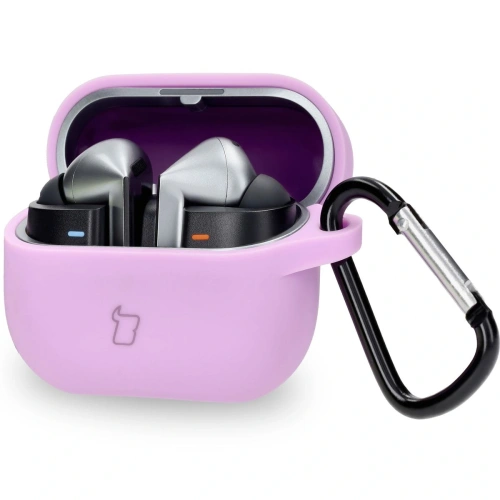 Silikonowe etui z karabińczykiem Bizon Case Headphone Silicone do Samsung Galaxy Buds 3 / 3 Pro jasnofioletowe
