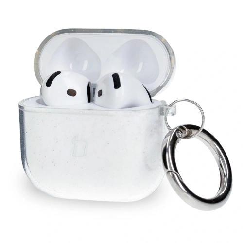 Elastyczne etui z karabińczykiem Bizon Case Headphone Clear do Apple AirPods 4 przezroczysto-brokatowe