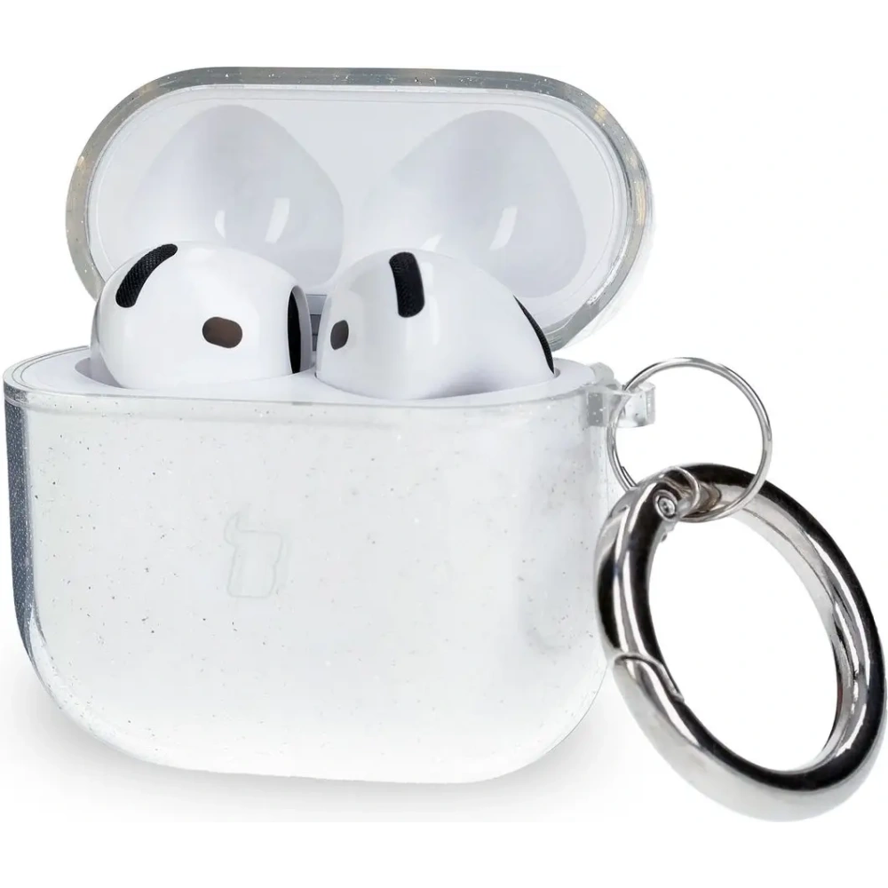 Hurtownia GSM - Elastyczne etui z karabińczykiem Bizon Case Headphone Clear do Apple AirPods 4 przezroczysto-brokatowe - BIZ8024 - {ean13} - Hurt
