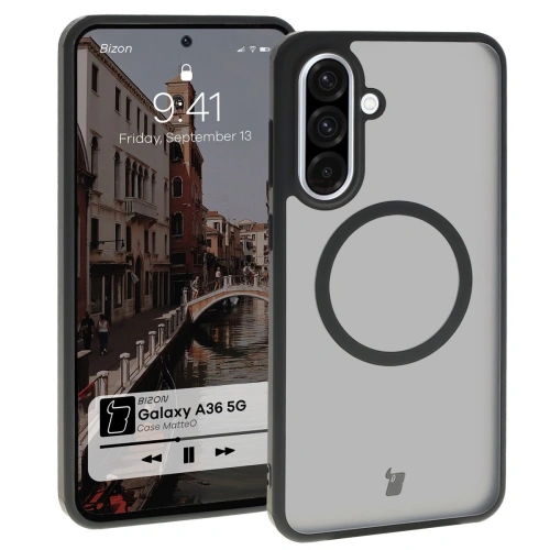 Etui z pierścieniem magnetycznym Bizon Case MatteO do Samsung Galaxy A36 5G półprzezroczyste z czarną ramką