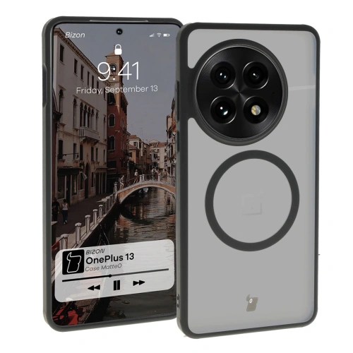 Etui z pierścieniem magnetycznym Bizon Case MatteO do OnePlus 13 półprzezroczyste z czarną ramką