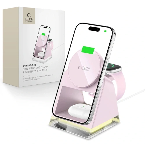 Ładowarka bezprzewodowa Tech-Protect QI15W-A43 3in1 Magnetic MagSafe Wireless Charger Baby Pink