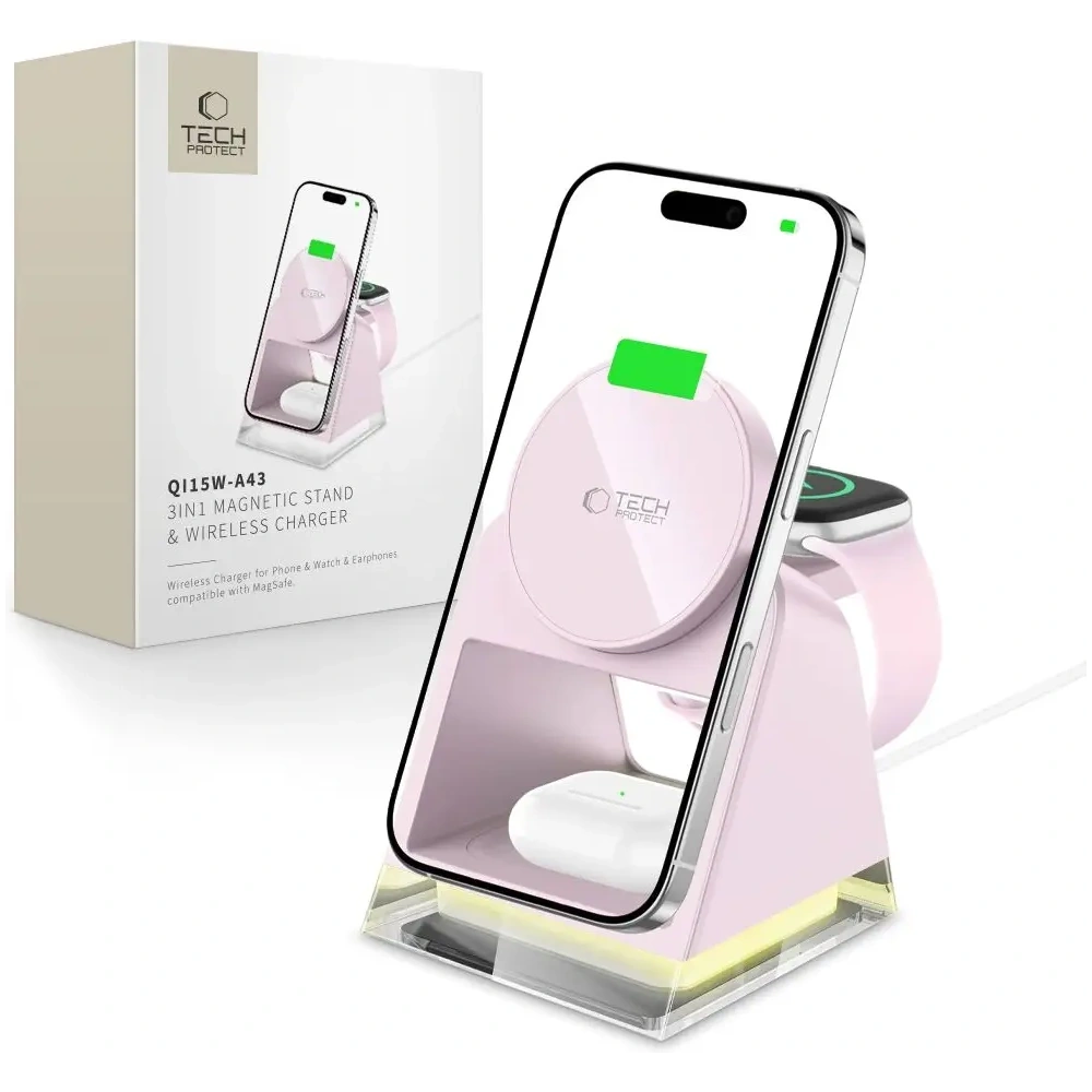 Hurtownia GSM - Bezdrátová nabíječka Tech-Protect QI15W-A43 3v1 Magnetic MagSafe Wireless Charger Baby Pink - THP3698 - {ean13} - Hurt