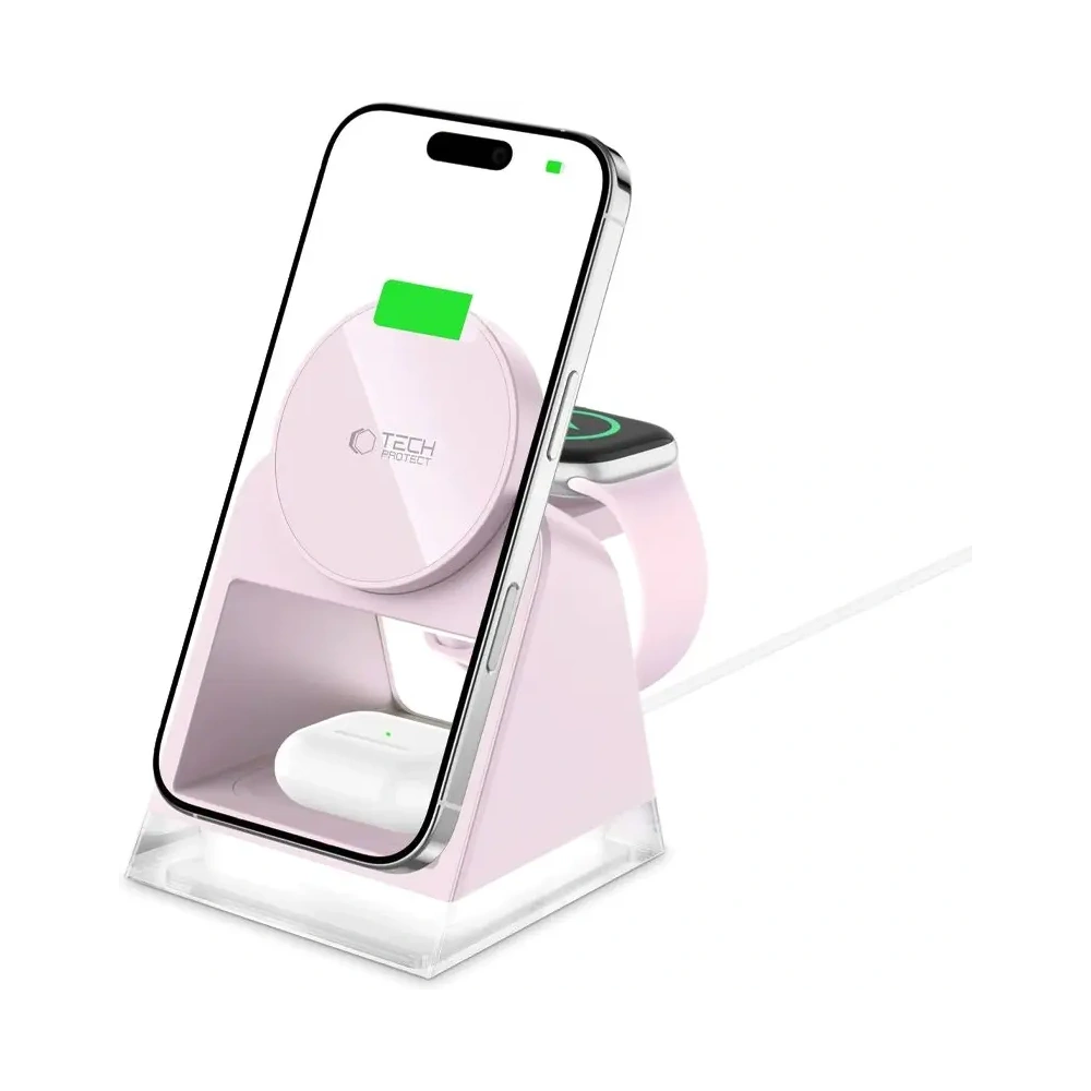 Hurtownia GSM - Bezdrátová nabíječka Tech-Protect QI15W-A43 3v1 Magnetic MagSafe Wireless Charger Baby Pink - THP3698 - {ean13} - Hurt