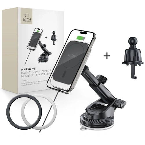 Uchwyt samochodowy na kokpit / do kratki z ładowarką bezprzewodową Tech-Protect MM15W-V9 Magnetic MagSafe Dashboard & Vent Car Mount Wireless Charger 15W Black