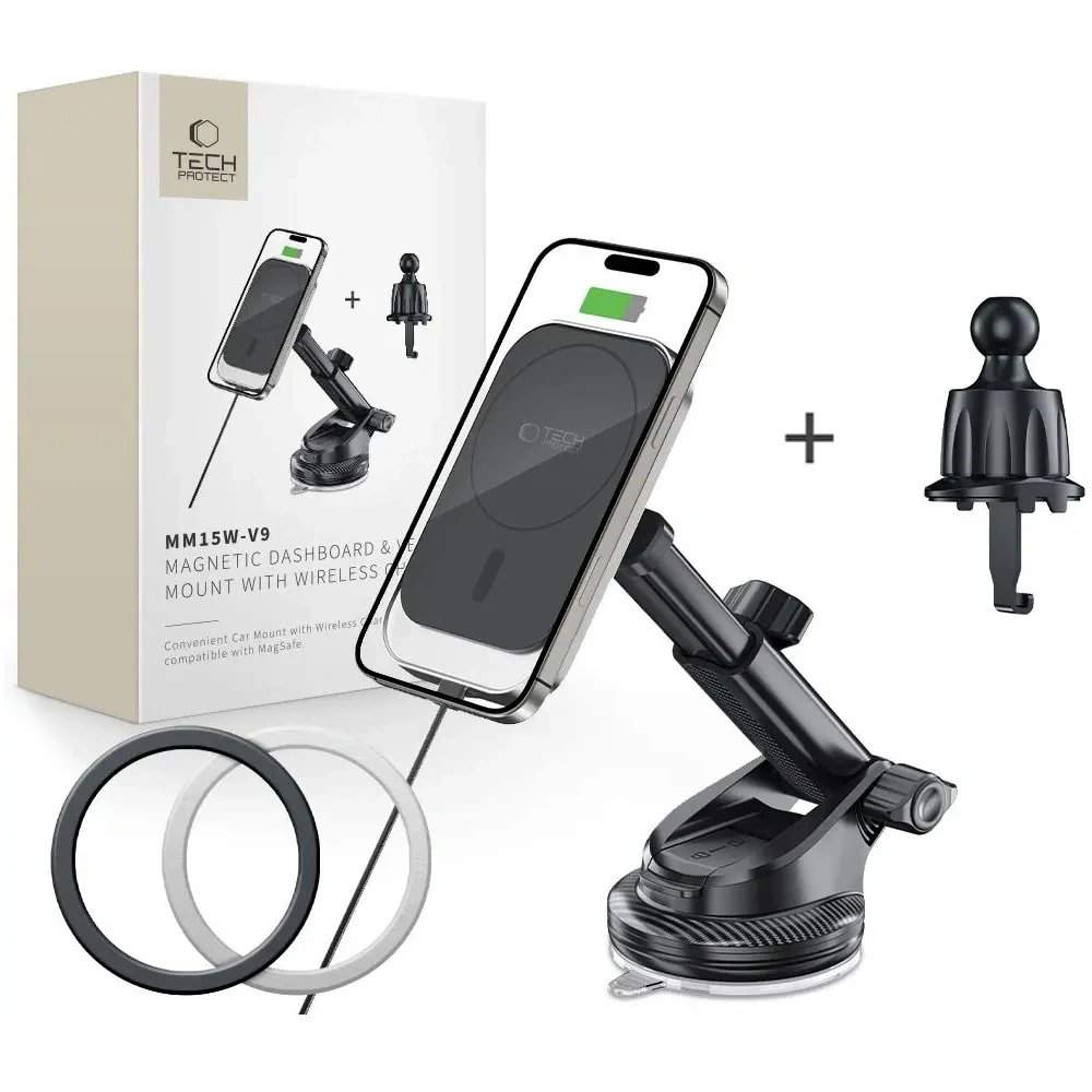 Wholesale Tech-Protect MM15W-V9 Magnetic MagSafe Dashboard & Vent Car Mount Wireless Charger 15W Black - THP3699 - {ean13} - Hurt