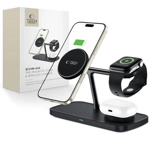 Ładowarka bezprzewodowa Tech-Protect QI15W-A45 3in1 Magnetic MagSafe Wireless Charger Black