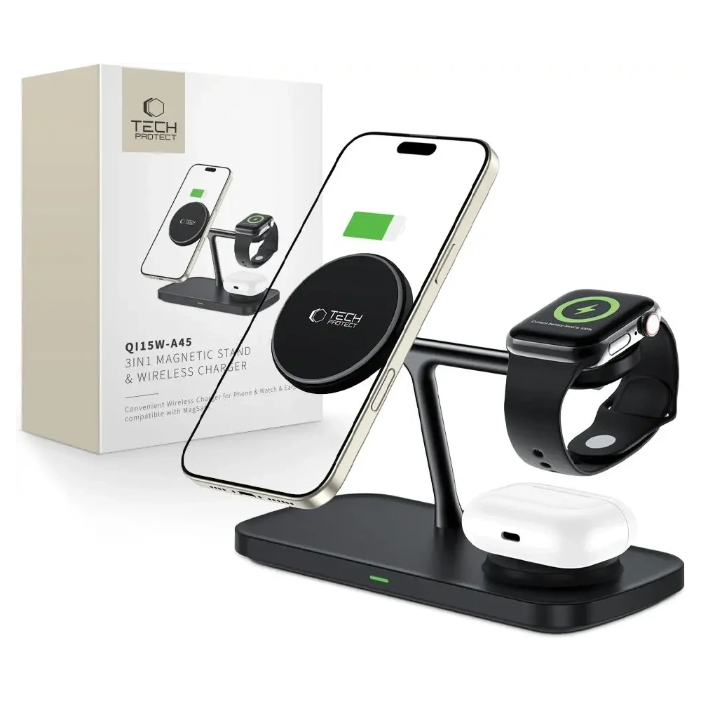 Hurtownia GSM - Bezdrátová nabíječka Tech-Protect QI15W-A45 3v1 Magnetic MagSafe Wireless Charger Black - THP3732 - {ean13} - Hurt