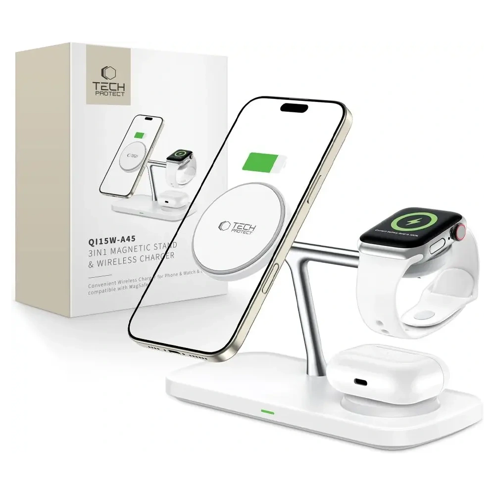 Hurtownia GSM - Tech-Protect QI15W-A45 3in1 Magnetic MagSafe Vezeték nélküli Töltő Fehér - THP3733 - {ean13} - Hurt