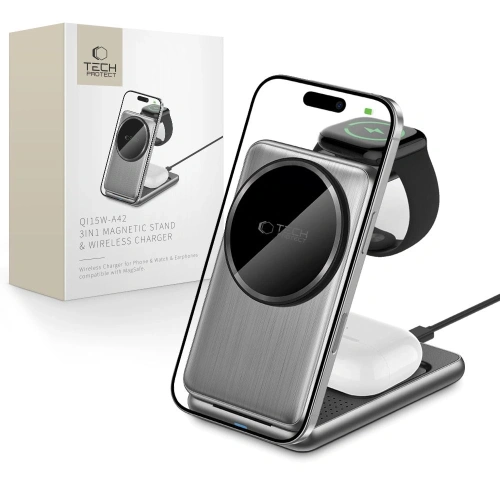 Ładowarka bezprzewodowa Tech-Protect QI15W-A42 3in1 Magnetic MagSafe Wireless Charger Space Grey
