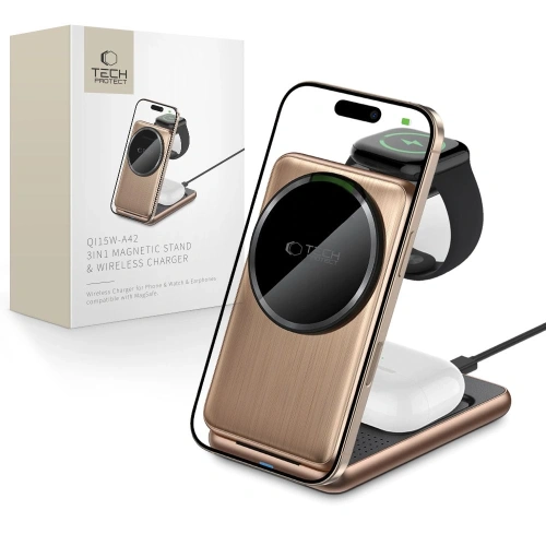 Ładowarka bezprzewodowa Tech-Protect QI15W-A42 3in1 Magnetic MagSafe Wireless Charger Desert Gold