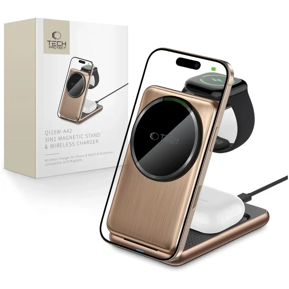Wholesale Tech-Protect QI15W-A42 3in1 Magnetic MagSafe Wireless Charger Desert Gold - THP3738 - {ean13} - Hurt