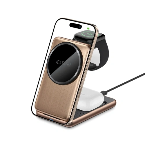 Ładowarka bezprzewodowa Tech-Protect QI15W-A42 3in1 Magnetic MagSafe Wireless Charger Desert Gold