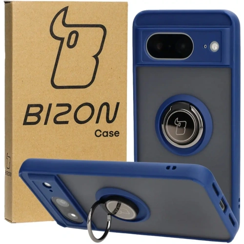 Etui z uchwytem na palec Bizon Case Hybrid Ring do Google Pixel 8 przydymione z granatową ramką